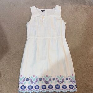 Talbots White Sleeveless Mini Dress with Blue & Purple Embroidered Hem